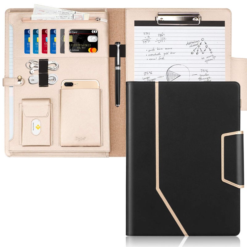 Toplive Conference Folder - Executive Business Padfolio with Letter/A4 Size Clipboard  Document Sleeve & Card Holders - Black - Image 1